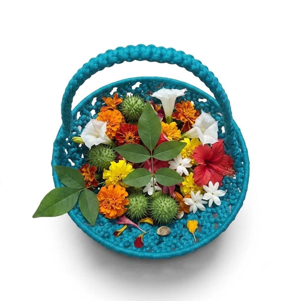 Handcrafted Turquoise Macramé Pooja Basket with Handle, Round Woven Design, 7x4 INCH (Peacock Blue)-image-47