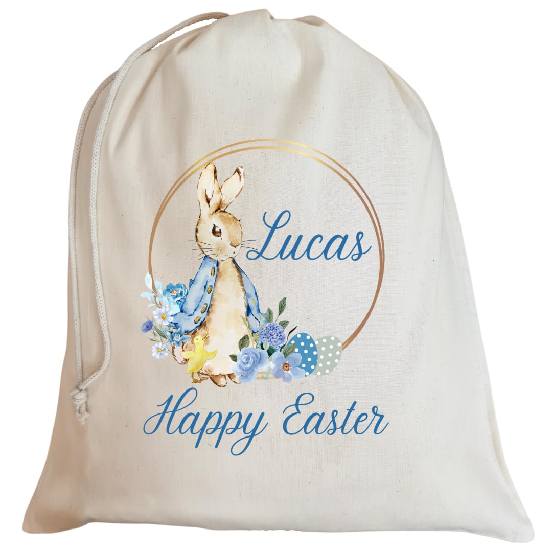 Second Ave Personalised Cute Blue Bunny Rabbit Easter Sack Bag Easter Egg Hunt Basket Gift Bag Boys