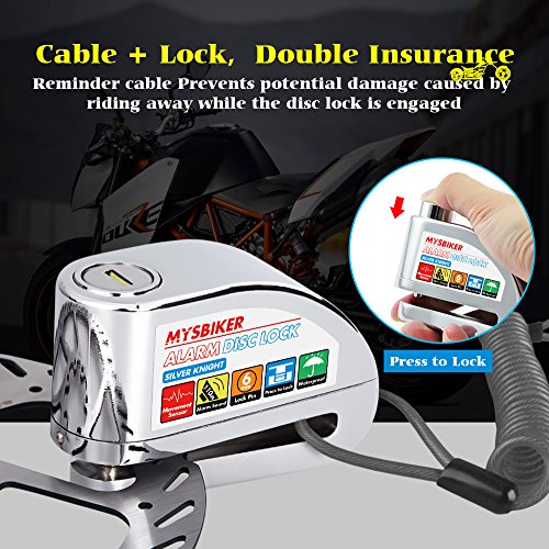 MYSBIKER Motorcycle Alarm Disc Brake Lock, Anti Theft Motorcycle Wheel Padlock with 2m Reminder Cable 110db Alarm Sound Zinc Alloy Process for 6 mm Motorcycles Bicycles Scooter Honda Yamaha Harley - Thumbnail 3