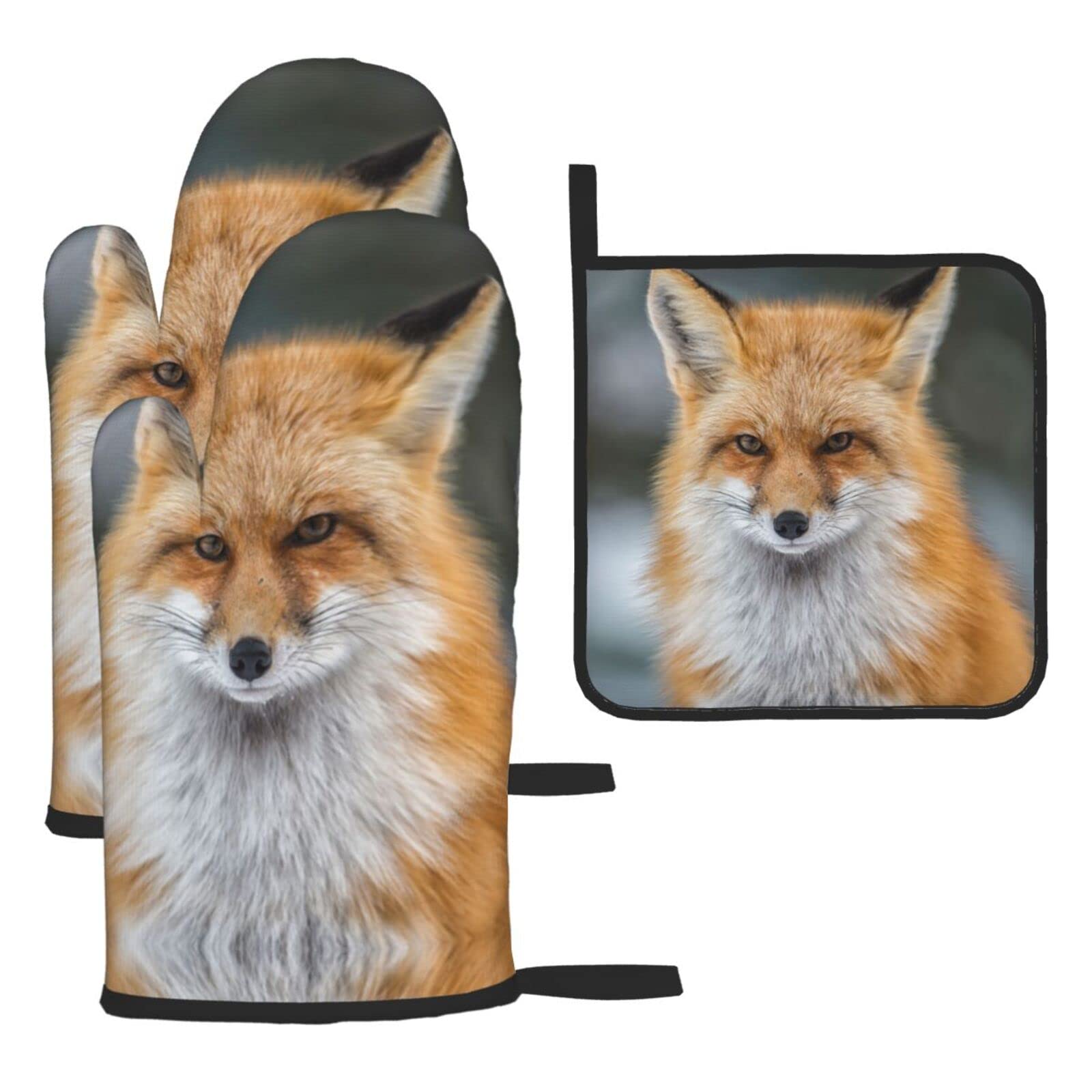Fox Oven Mitts and Pot Holder Kitchen Set for Grilling, Cooking, Baking, Heat Resistant