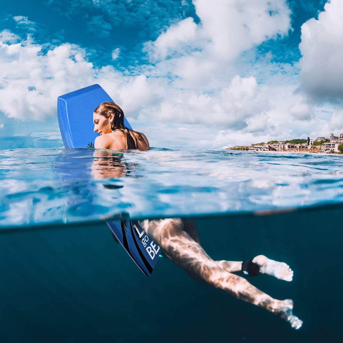 HOMASIS Tavola da Surf L, Bodyboard in XPE e HDPE con Corda per il Polso, Tavoletta Mezzaluna per Surf, Adatta a 14+ Anni, Portata 85 kg, 104 x 51 x 6 cm