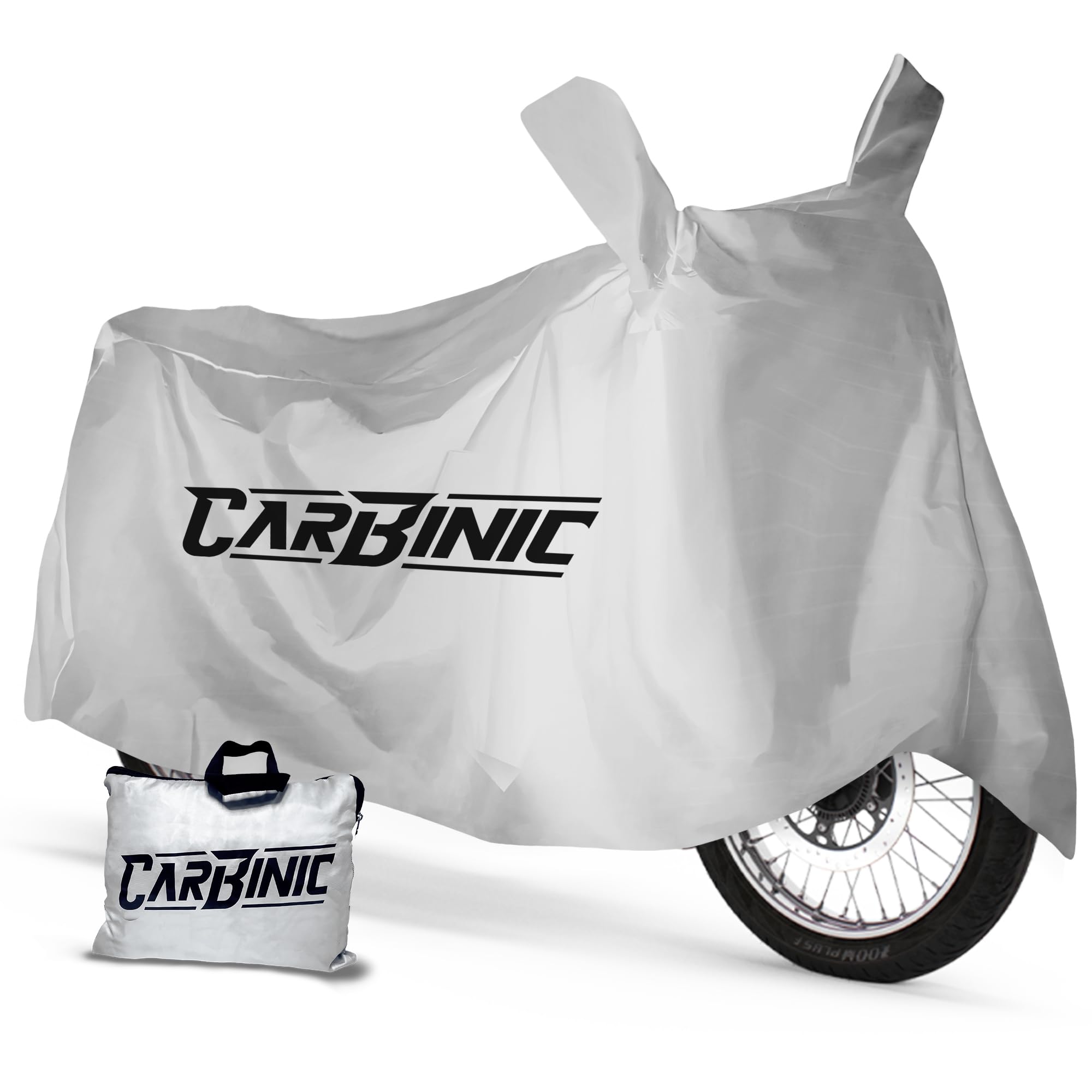 CARBINIC Water Resistant Bike Cover | Compatible With Enfield Classic Kawaski Ninja Ktm Suzuki Benelli|Two Wheeler Bike Cover|Dustproof Bike Accessories|Uv Proof Scratchproof & Mirror Pocket|Silver (B0BTPN9DDW) Amazon Price History, Amazon Price Tracker
