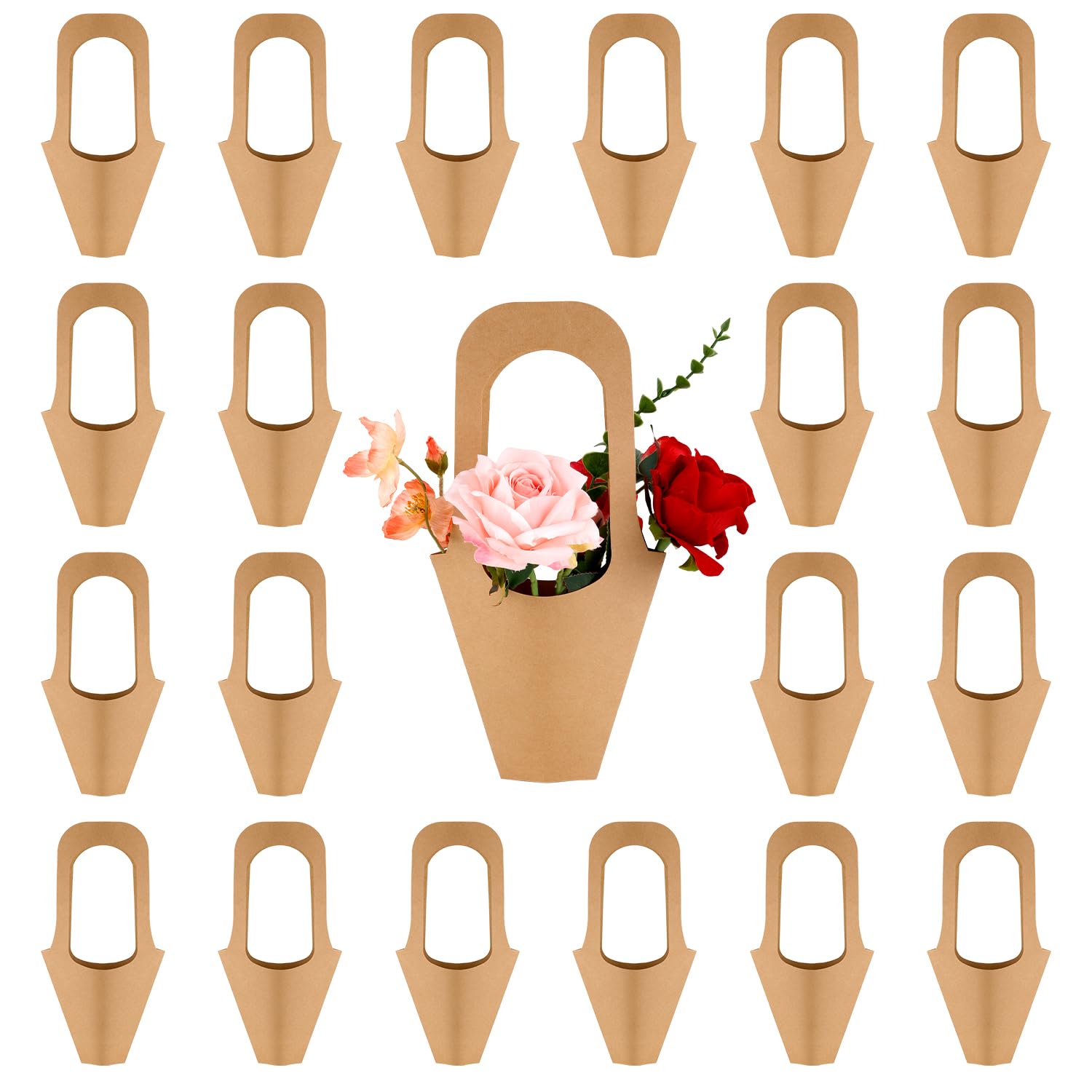 20uds Bolsas de Regalo de Papel Kraft con Flores, 35x18,8x14,5cm Soporte para Ramos Colgantes con Asa Bolsa para Envolver Flores Suministros para Arreglos Florales Decoración Hogar (Pequeña)