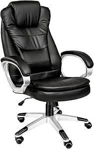 tectake® Office Chair with Faux Leather Cover &amp; Extra-Thick Padding, Ergonomic Desk Chair with Headrest &amp; High Backrest, Height-Adjustable Swivel Chair with Rocking Function &amp; 5 Double Castors - Black
