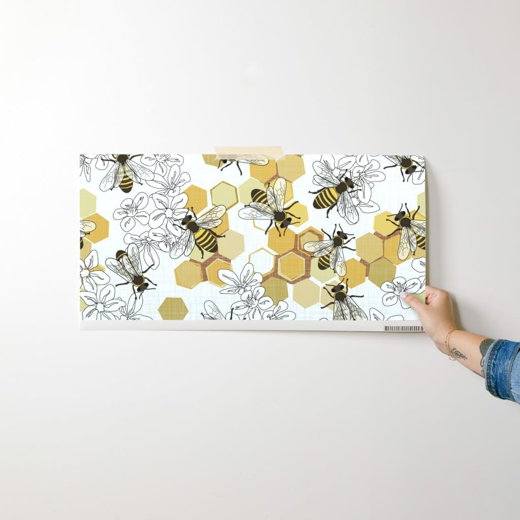 Spoonflower Peel & Stick Wallpaper Swatch - Honey Bees Endangered Species Animals Bee Flowers Honeycomb White Insects Custom Removable Wallpaper