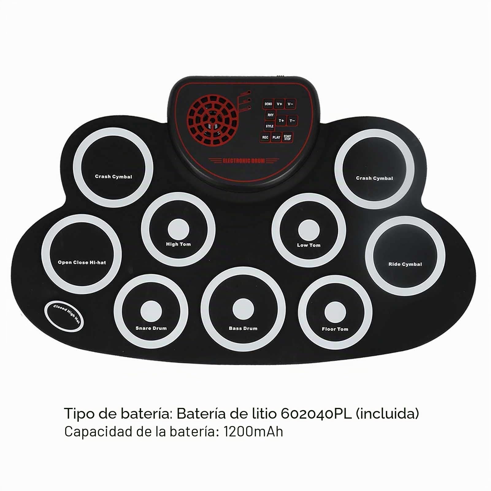 Batería Electrónica, Batería Enrollable, 9 Almohadillas Kit de Batería con Almohadillas de Práctica de Batería Enrollables, con Pedales de Batería y Baquetas, Altavoz Doble