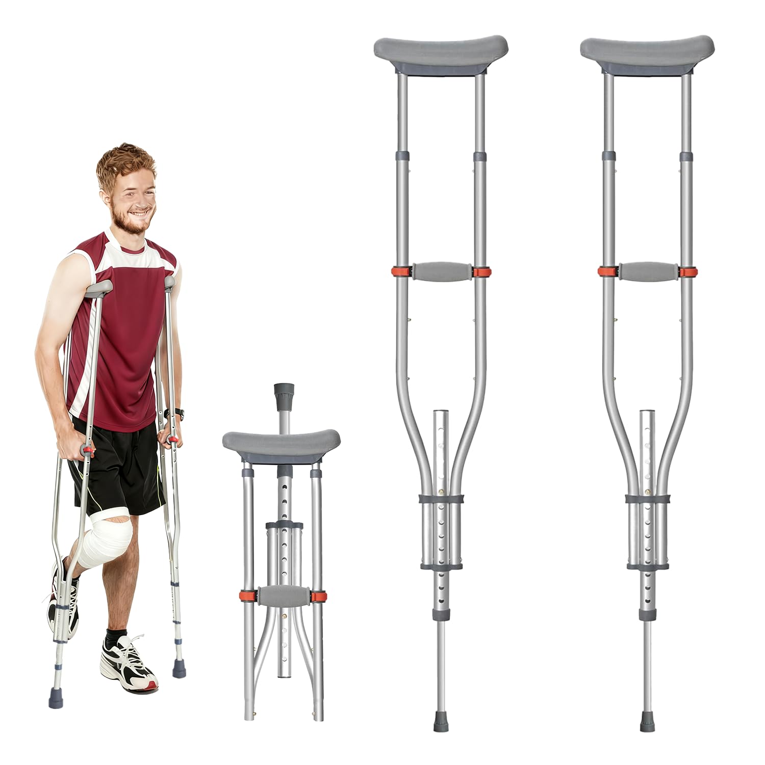 Muletas para axilas para adultos, 2 muletas plegables de altura ajustable de aluminio ligero con asas acolchadas y pies antideslizantes, muletas resistentes que soportan 330 libras para hombres y