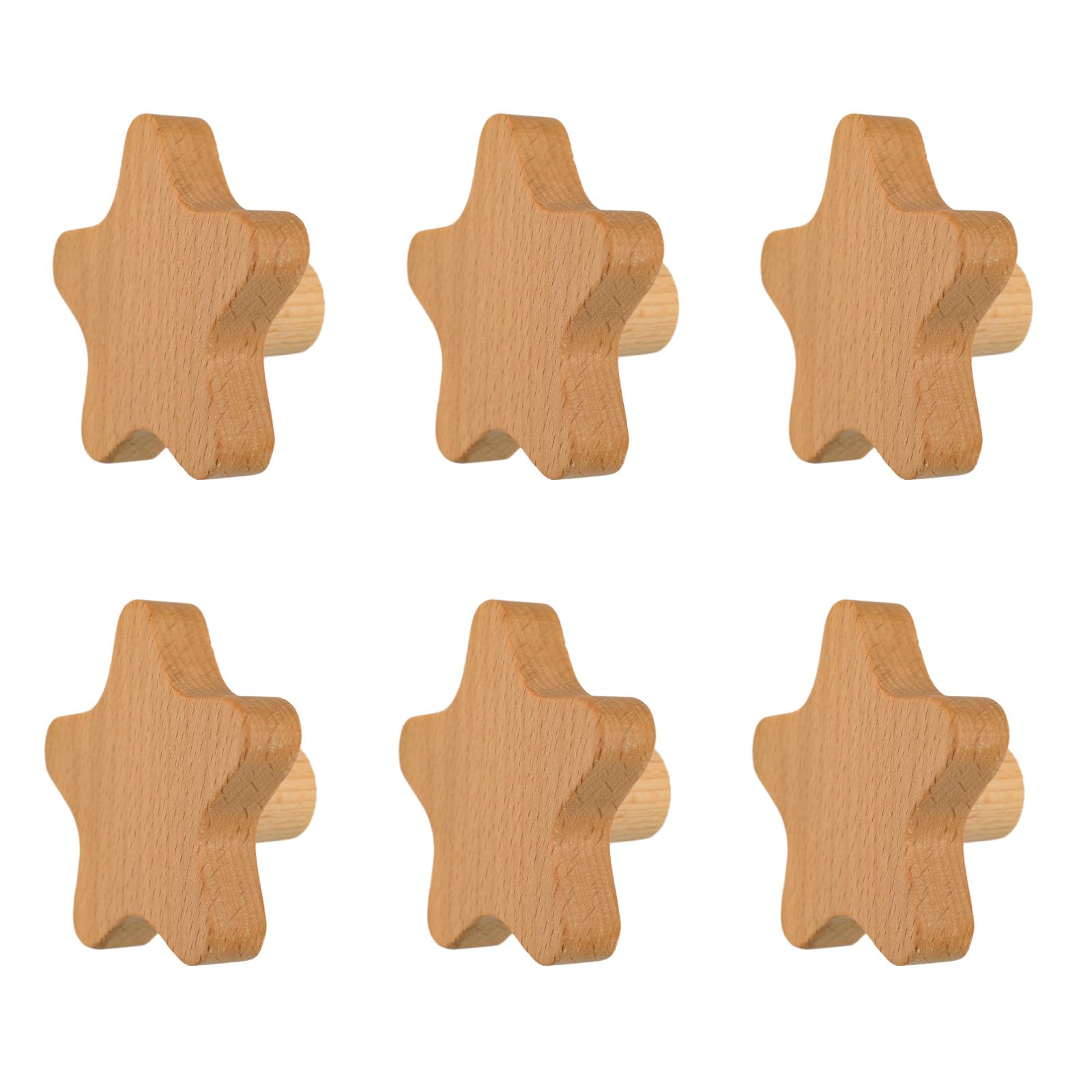 MOROBOR 6PCS Star Shaped Wooden Knobs Single Hole Beech Wood Handles Wood Cupboard Cabinet Handle for Chest of Drawers with Screws& Expansion Tube — image 1