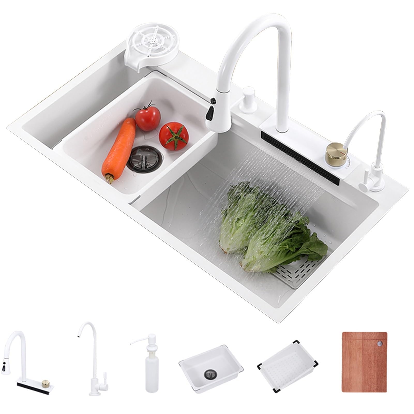ZQFHSX Waterfall kitchen sink, 304 stainless steel single bowl inset dual hot and cold controls, countertop control, pull-out faucet, multiple accessories.(White,68 * 45 22cm)