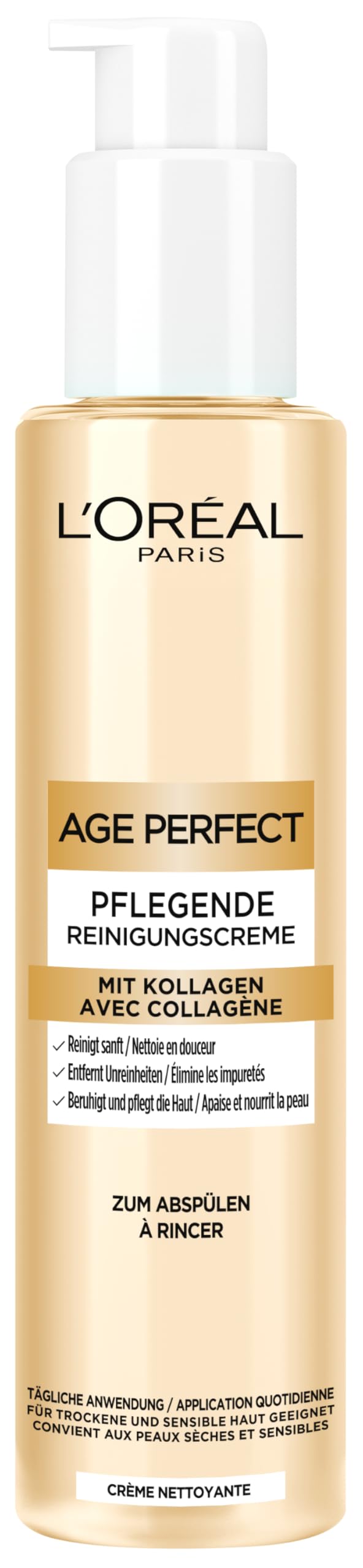 L'Oréal Paris Kollagen Experte Nährende Reinigungscreme, Creme-zu-Schaum-Reiniger für eine sanfte Reinigung und Pflege der Haut, Age Perfect, 150 ml