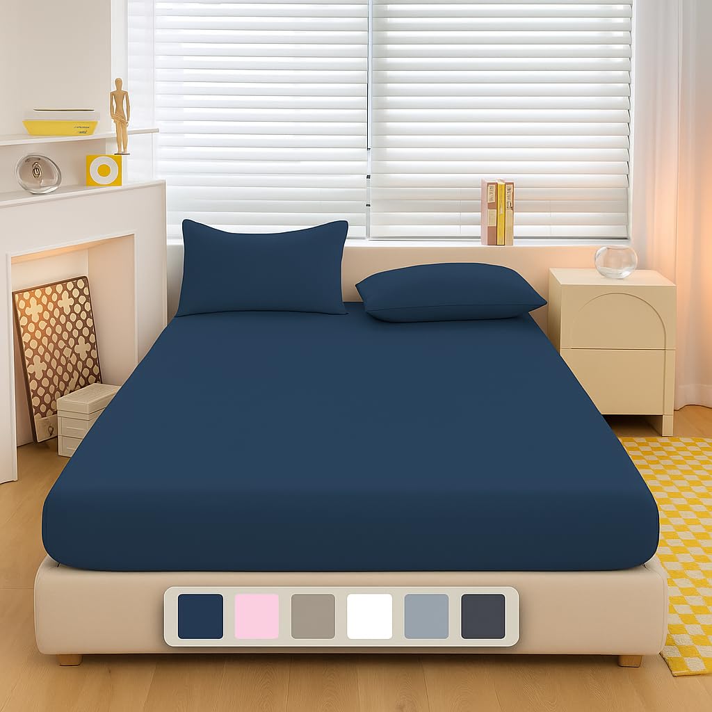 Double Fitted Sheet Deep Pocket 12 inches (30cm) Navy Blue 100% Cotton, Luxury Ultra Soft ...