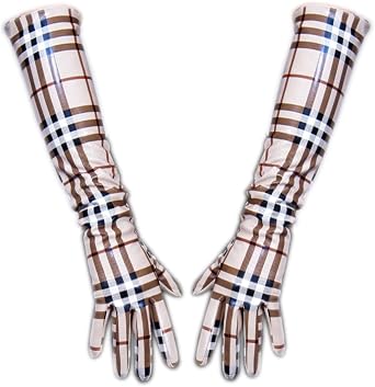 Womens Patent Leather extra Long Gloves,Mitation Leather PU light Brown Plaid Evening Dress Warm Gloves
