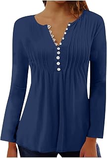 Mrat Womens Tops Elegant Pleated Blouses Crew Neck Botton Tunic T-Shirts Ladies Loose Fitted Long Sleeve Solid Color Tees Shirts Soft Comfort Breathable Shirts Swing Tops Sale Clearacne