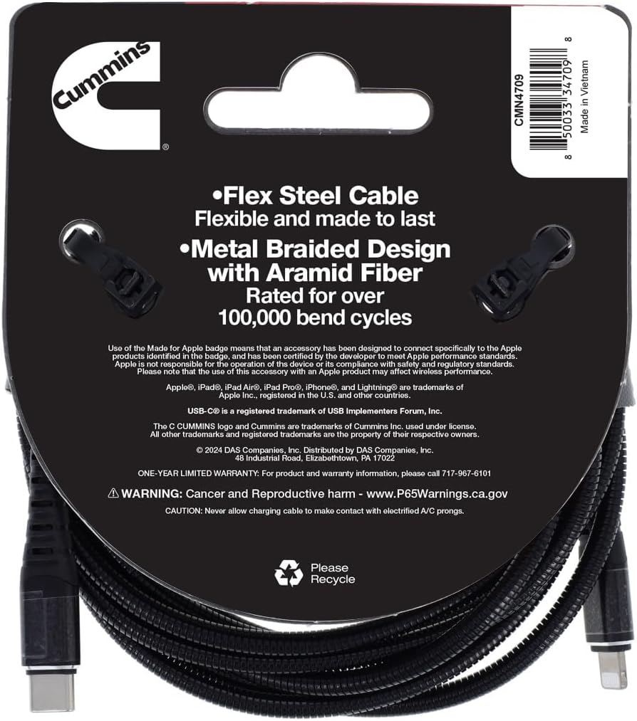 Cummins Lightning® to USB C® Flex Cable to Power Most Apple(R) Devices 8ft CMN4709