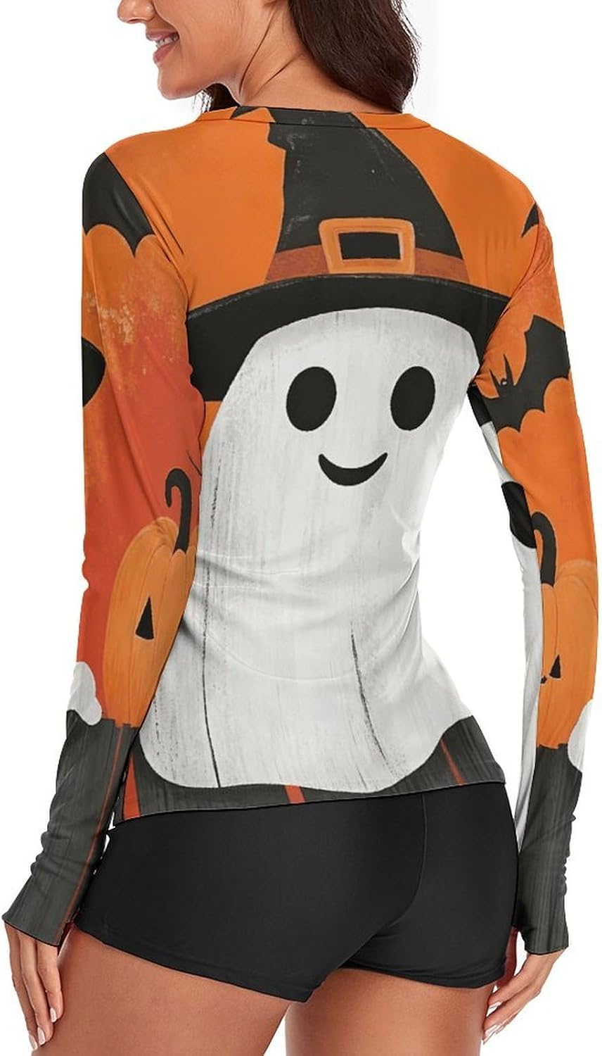 Halloween Smiling Ghost Rash Guard for Women UPF 50+ UV Sun Protection | Long Sleeve Workout Top Quick Dry Athletic Hiking Shirt Moisture Wicking Swim Shirt for Running, Cycling, Swimming