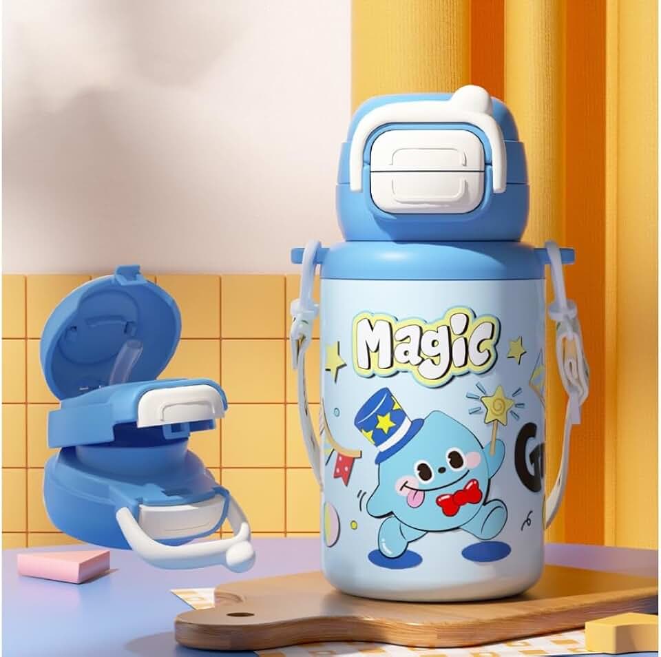 Garrafa de Água Infantil Térmica 500ml com Canudo Antivazamento – Squeeze Escolar para Crianças, Tampa Segura, Livre de BPA (AZUL)