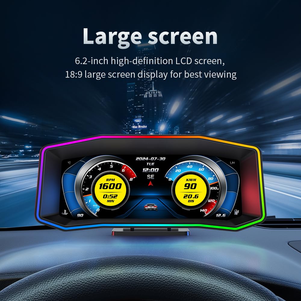 KAOLALI Heads Up Display Auto, Sistema Duale OBD2 e GPS, 6.2 Pollici, Unità MPH e KM/H Modificabili, Temperatura del Olio, Bussola, Avvisi Intelligenti per la Majoranza dei Veicoli Successivi al 2008