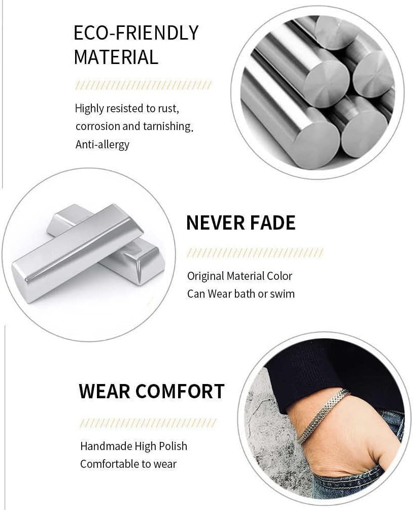 Men’s Stainless Steel Double Franco Chain Bracelet, Vintage Punk Cubic Chain, Retro Link Chain Bracelets for Men Double Overlap Interlocked Curb Chain, Strong Lock Clasp (Silver, 6.5mm)