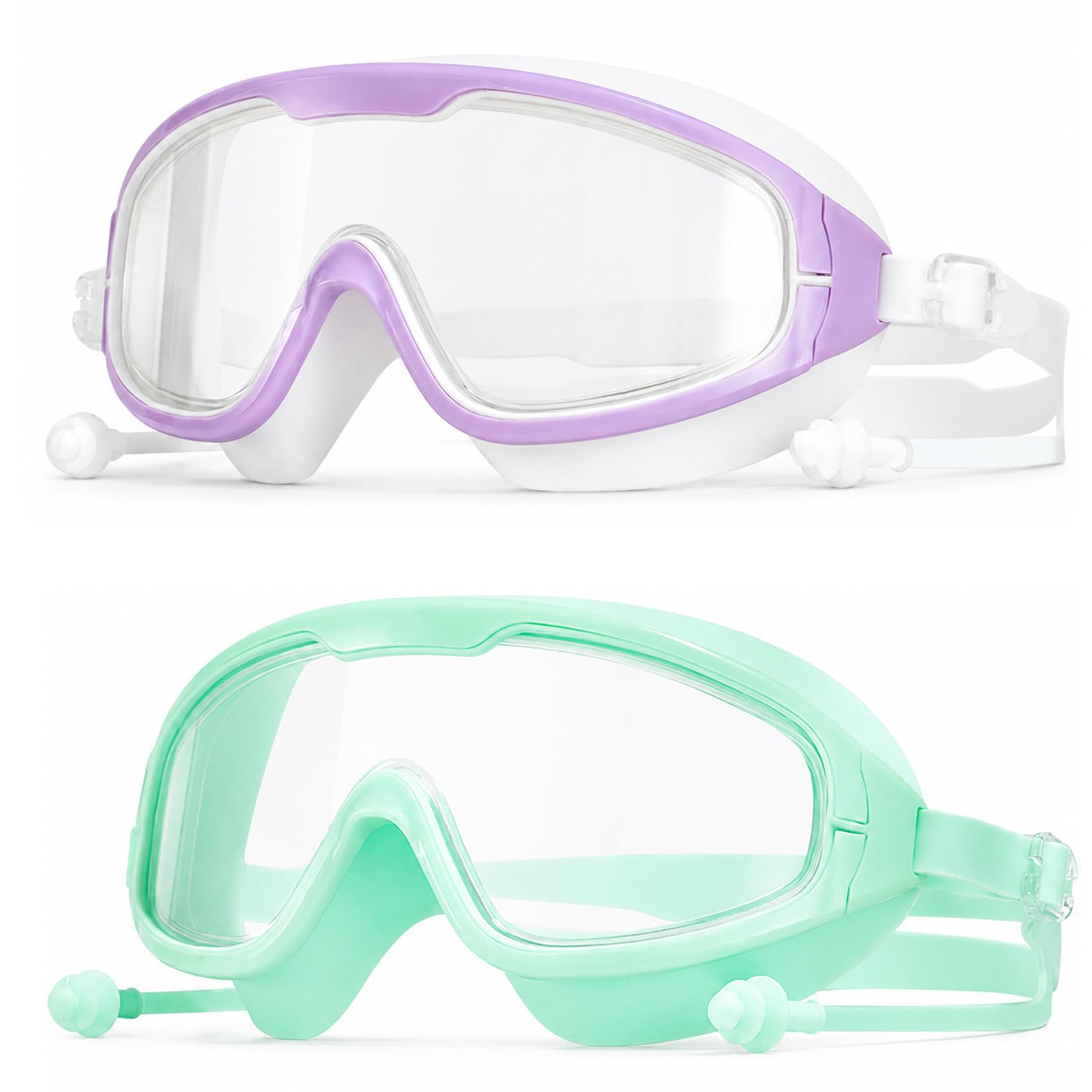 Adult Swimming Goggles 2-Pack, 180° Clear Anti-Fog UV, Purple and Mint