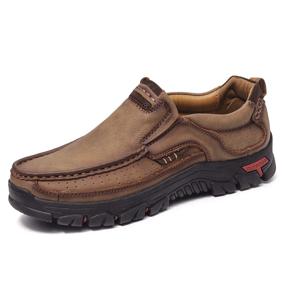 Dacomfy Mens Slip On Shoes, Men's Loafers & Slip-ons Leather Walking Shoes for Men, Hand Stitching Comfortable Breathable Khaki Size 11.5