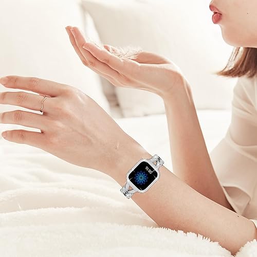 Miniatura 6 de Correa de metal compatible con Apple Watch de 1.49, 1.57, 1.61, 1.65, 1.73, 1.77 y 1.77 pulgadas, elegante correa de repuesto con diamantes de