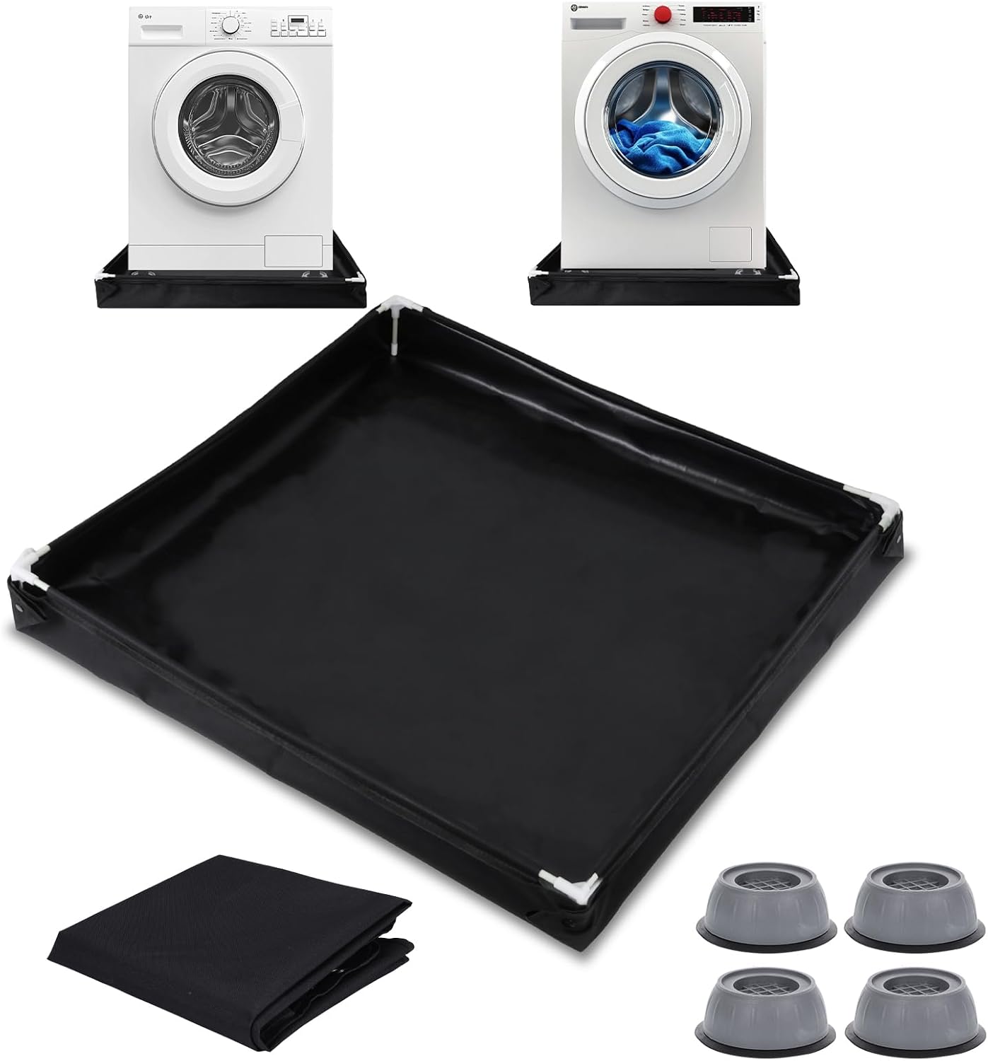 31.5 x 31.5 Inch Washer Drain Pan Mat with Anti-Vibration Pad - Non-Slip Waterproof Drip Tray, Foldable Leak Protection Mat with Raised Edge for Under Washing Machines