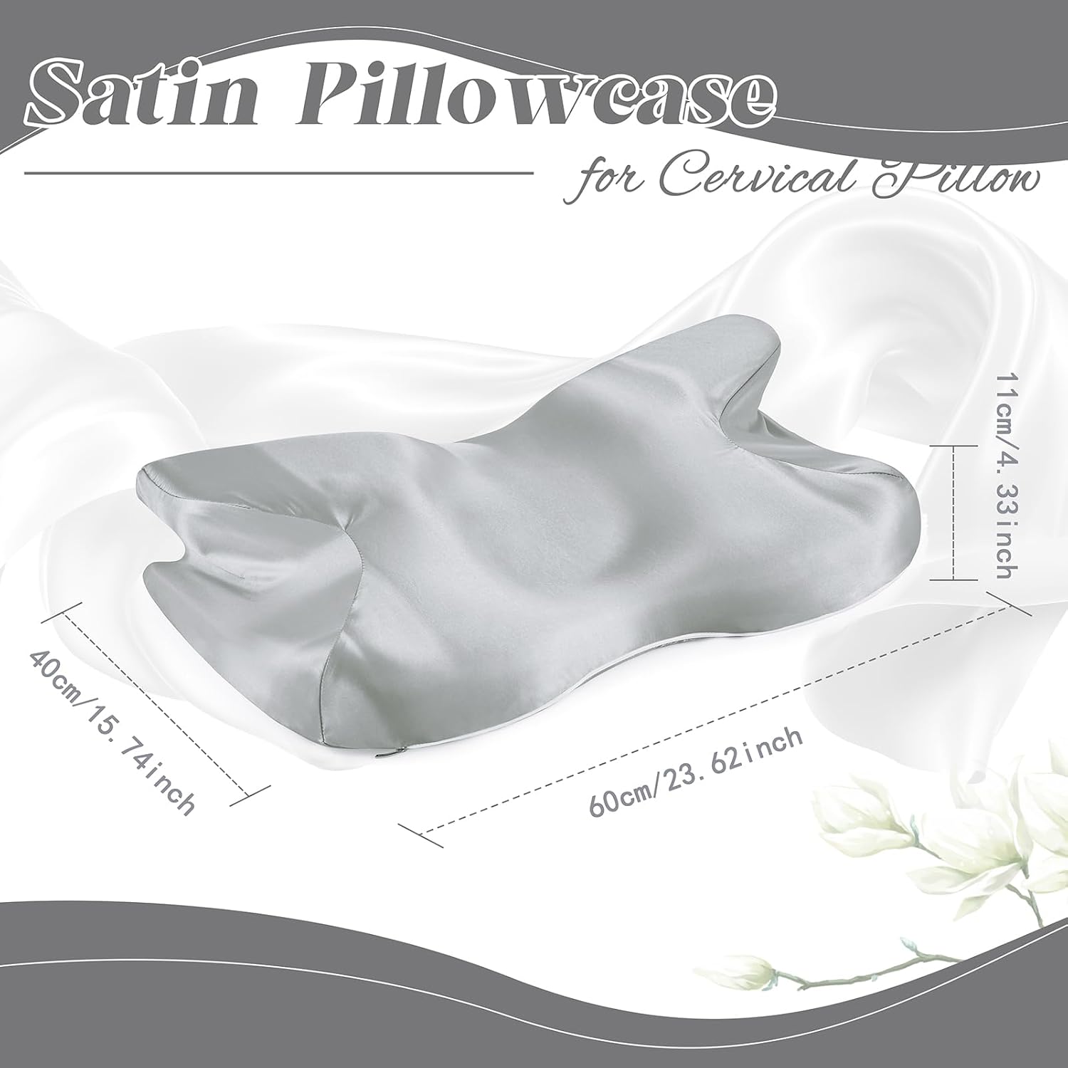P Pothuiny Light Grey Satin Cervical Pillow Case Cover 1-Pack with Zipper