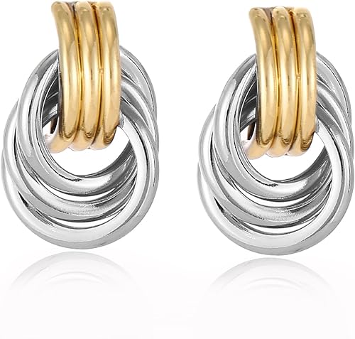 Aretes de nudo chapados en oro de 14 quilates para mujer, aretes de oro y plata, aretes colgantes con eslabones de corazón, aretes gruesos con nudos