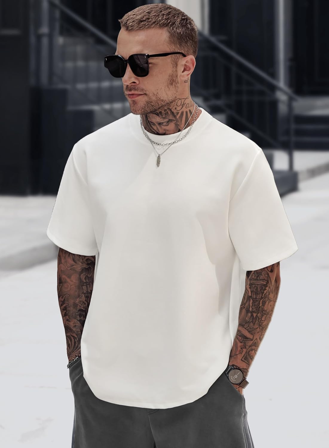 Men Sport T-Shirt Beach Tee Shirt Cotton Short Sleeve Gym Casual Crewneck Thick Heavy Solid Color Mid Weight Tshirt White 3XL - Image 5