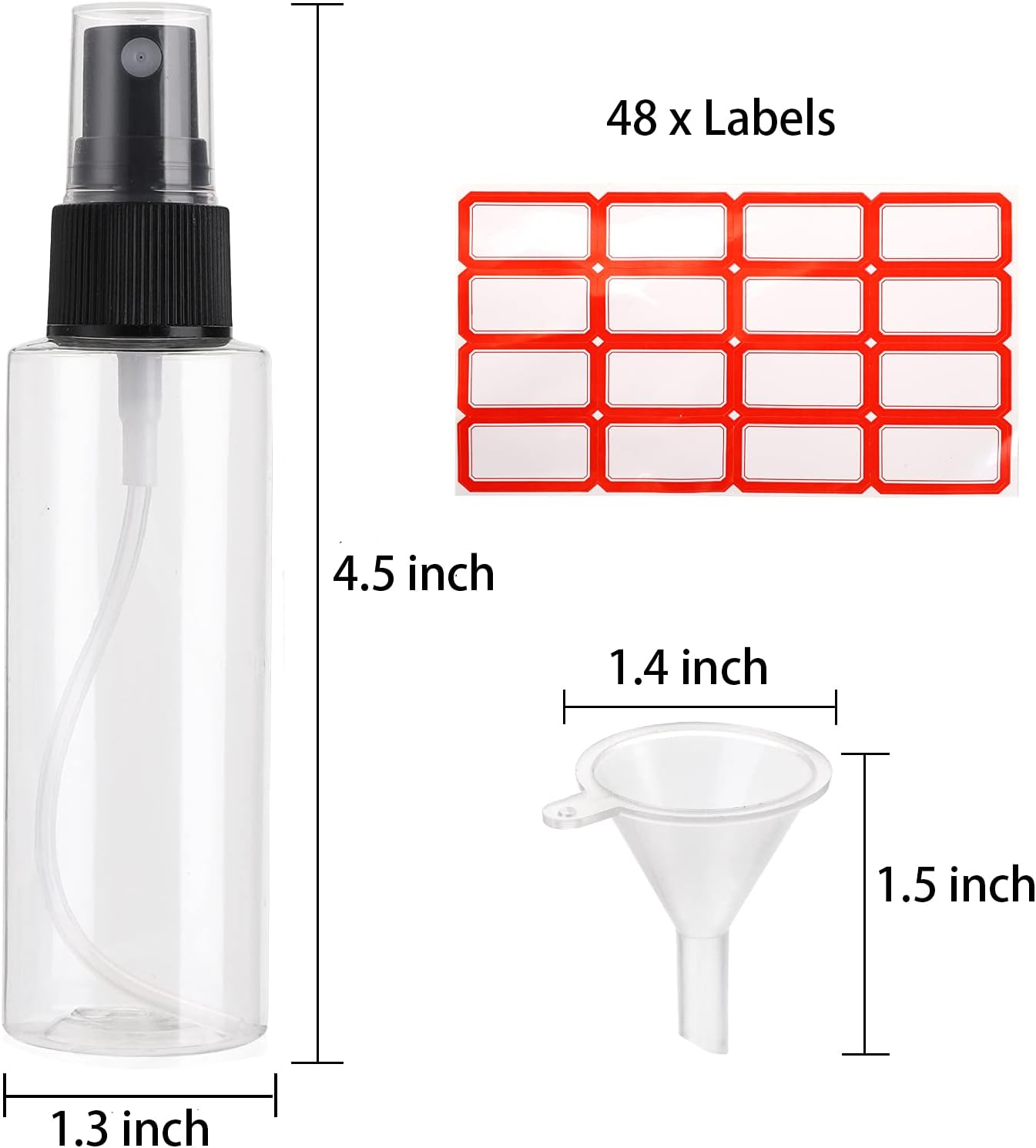 Bekith 30 Pack 2 oz Clear PET Spray Bottles with Black Fine Mist Sprayer for Essential Oils, Travel, Perfumes, Reusable Empty Liquid Containers with 6pcs Funnels and 48pcs Labels