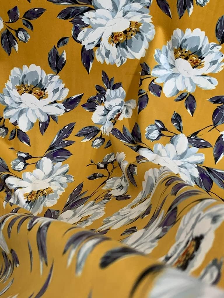 Soft Velvet Fabric Floral Design Digitally Printed Material for Upholstery, Window Treatments Craft - Width 54 inches - Fabric by The Yard (Caramel Yellow)