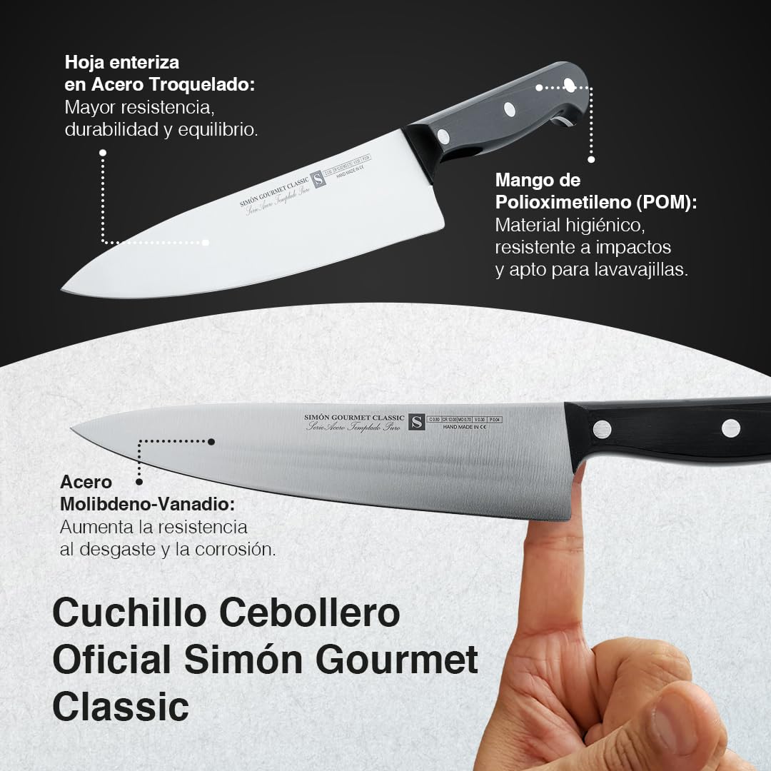 Cuchillo Cebollero Profesional 25cm Simón Gourmet Classic - Fabricado en España, Hoja Enteriza de Acero Troquelado para Verduras, Carnes y Pescados