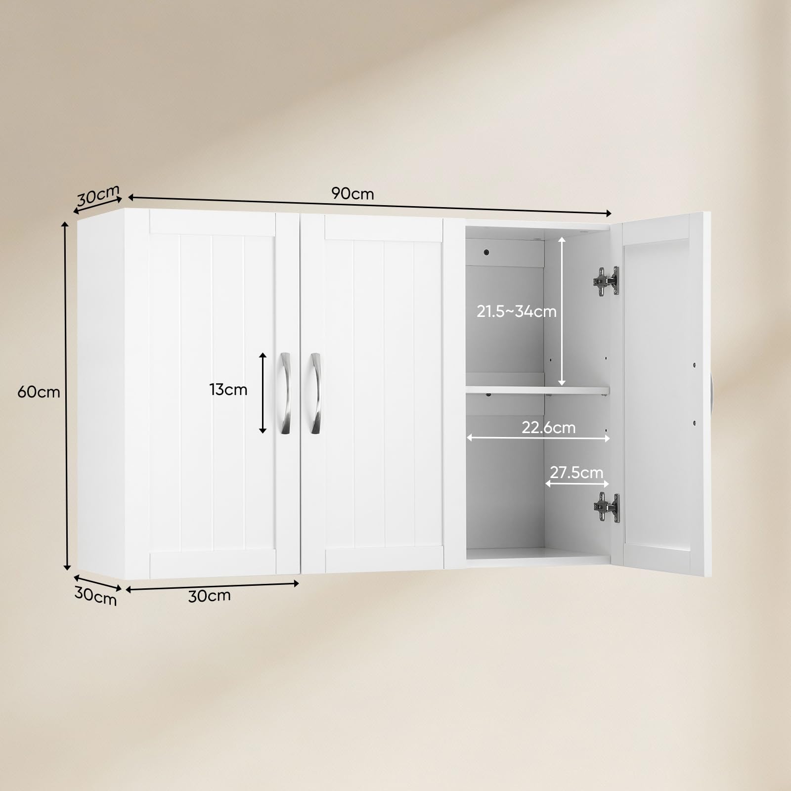 Sweetcrispy Hängeschrank Badezimmer, schmaler Wand-Organizer mit verstellbaren Regalböden, für Bad/Küche/Waschraum/Flur, Weiß, 90x30x60cm