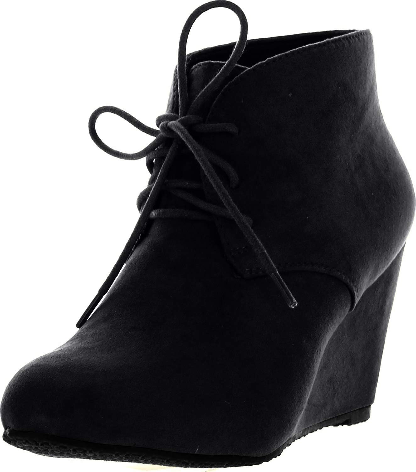 Anna Sally-5 Womens Adorable Almond Toe Lace Up Wedge Ankle Bootie,Black,6