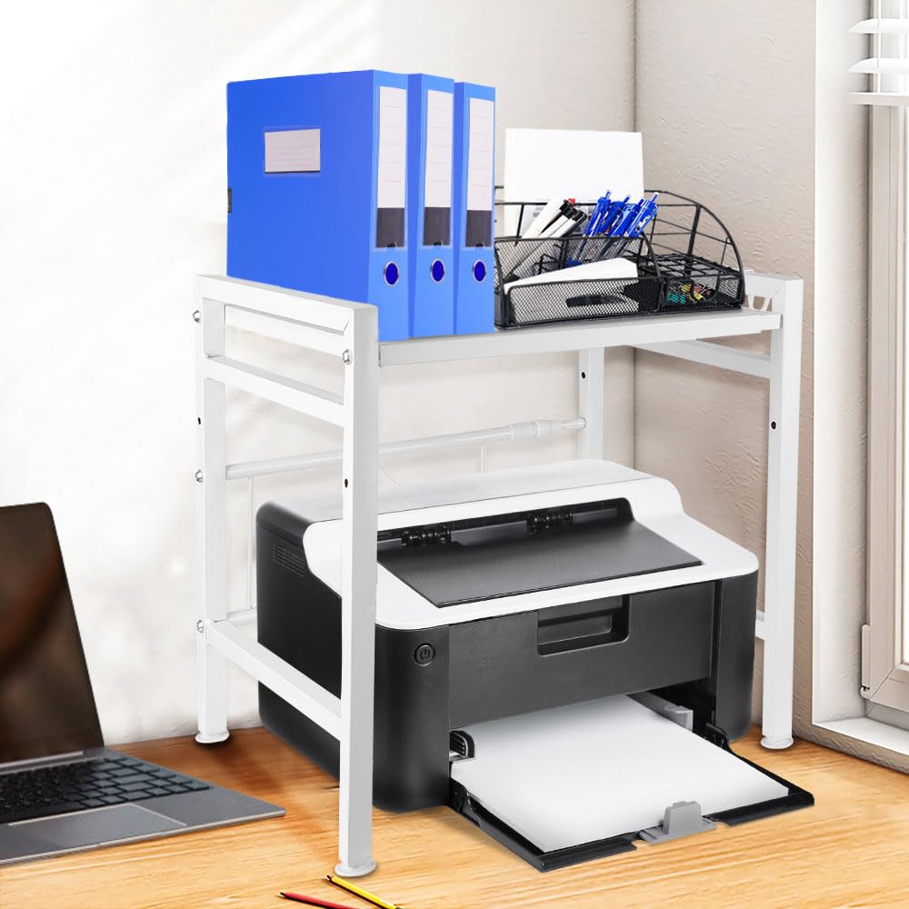 OHMG Mensola da ufficio, altezza regolabile, ripiano da scrivania da appoggio, ripiano portaoggetti in ferro, supporto per display multiuso, supporto per stampante(bianco (40/64 x 36,5 x 45 cm)
