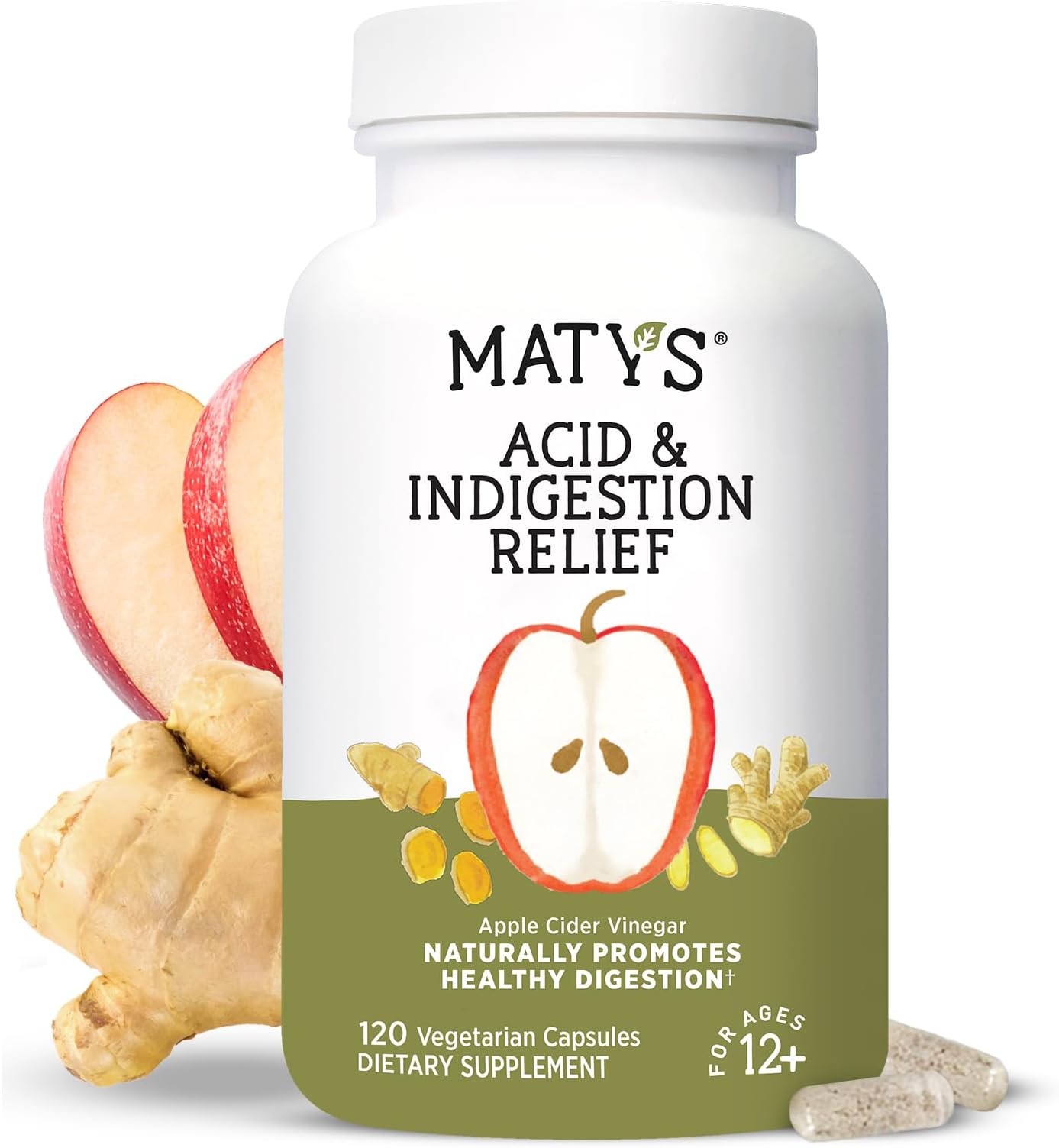 MatysAcid & Indigestion Relief Capsules, Safe Antacid Alternative for Occasional Acid Reflux & Heartburn, Made with Apple Cider Vinegar, Soy & Gluten Free Vegetarian Capsules, 120 Count, 60 Servings