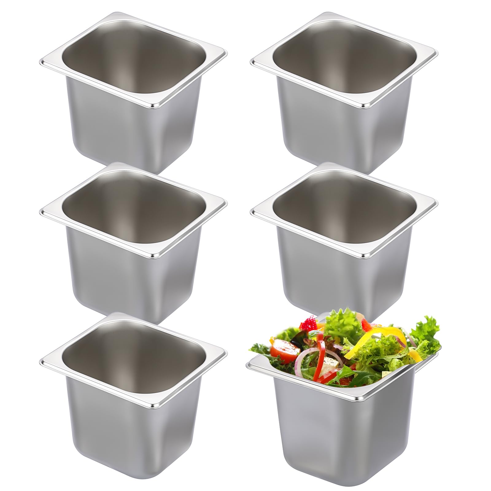 6 Pack 1/6 Size 6 Inch Deep Hotel Pan, Stainless Steel Steam Table Pans, Stackable Catering Metal Pan Commercial Food Pans for Kitchen Restaurant Buffet Party Supplies