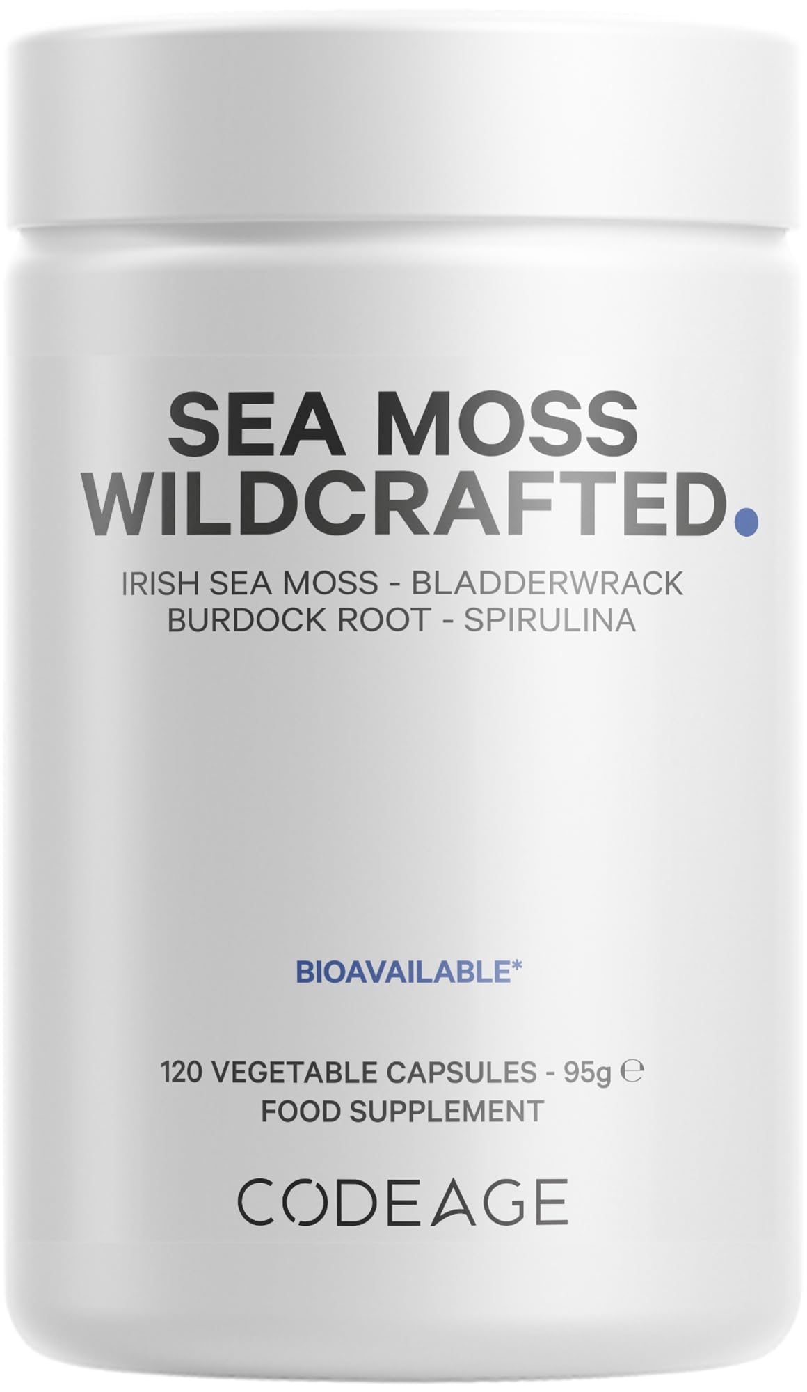 Codeage Raw Wildcrafted Irish Sea Moss Nahrungsergänzung – mit Bladderwrack, Klettenwurzel, Spirulina, BioPerine & Pfefferminzöl – Vegan, Nicht-GVO – Superfood-Mineralkomplex – 120 Kapseln