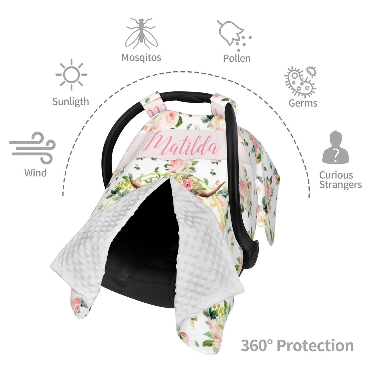 Personalized Baby Car Seat Canopy for Babies with Name, Custom Floral Cow Stroller Car Seat Covers for Girls, Minky Nursing Carseat Cover for Breastfeeding, Car Seat Canopies for Newborn