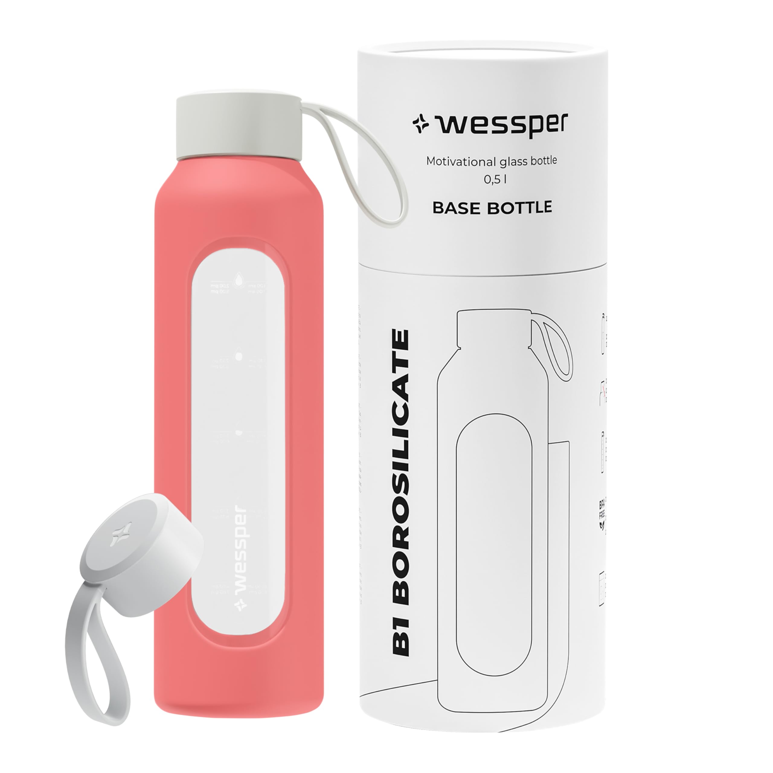 Wessper Botella de Agua Cristal, Botella 500 ml Motivadora con Escala de Hidratación, Botellas de Vidrio Borosilicato con Funda de Silicona, Material Seguro sin BPA - Violeta — view 19