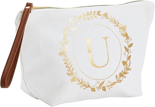 Bolsa de maquillaje personalizada con inicial dorada para mujer, bolsa de cosméticos de lona con monograma, color blanco, Blanco, Dorado, U