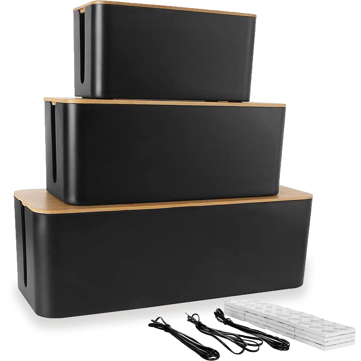 ASelected 3 szt. Drewniane Pokrywki Bambusowe Czarne Pokrywki Organizer Box | Biurko Organizer Kabli, Salon i Sypialnia, Ukryć i Ukryć Listwy Zawiasowe