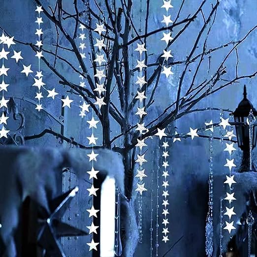 Image of Pop The Party Paper Star Garland Pack of 2 - Silver Hanging Stars for Birthday Decorations, Wedding, Festivals & Holiday Party Decor