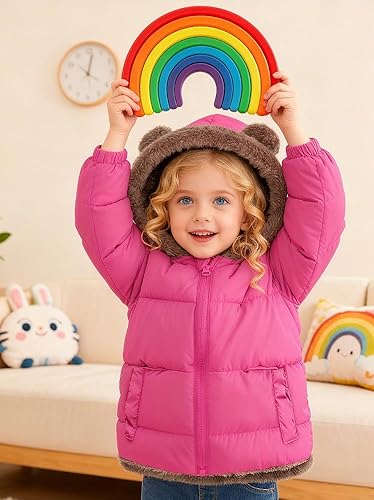 Enlifety 6M-5T Baby Toddler Winter Fleece Coat Boys Girls Cute Bear Ear Hooded Jackets with Pockets(Rose Red,1-2T)