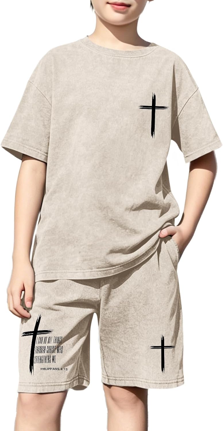 Fkatuzi Boys Oversized Cross Shirt and Graphic Shorts Set 2 Piece Summer Outfits Cotton Acid Wash Short Matching Sets