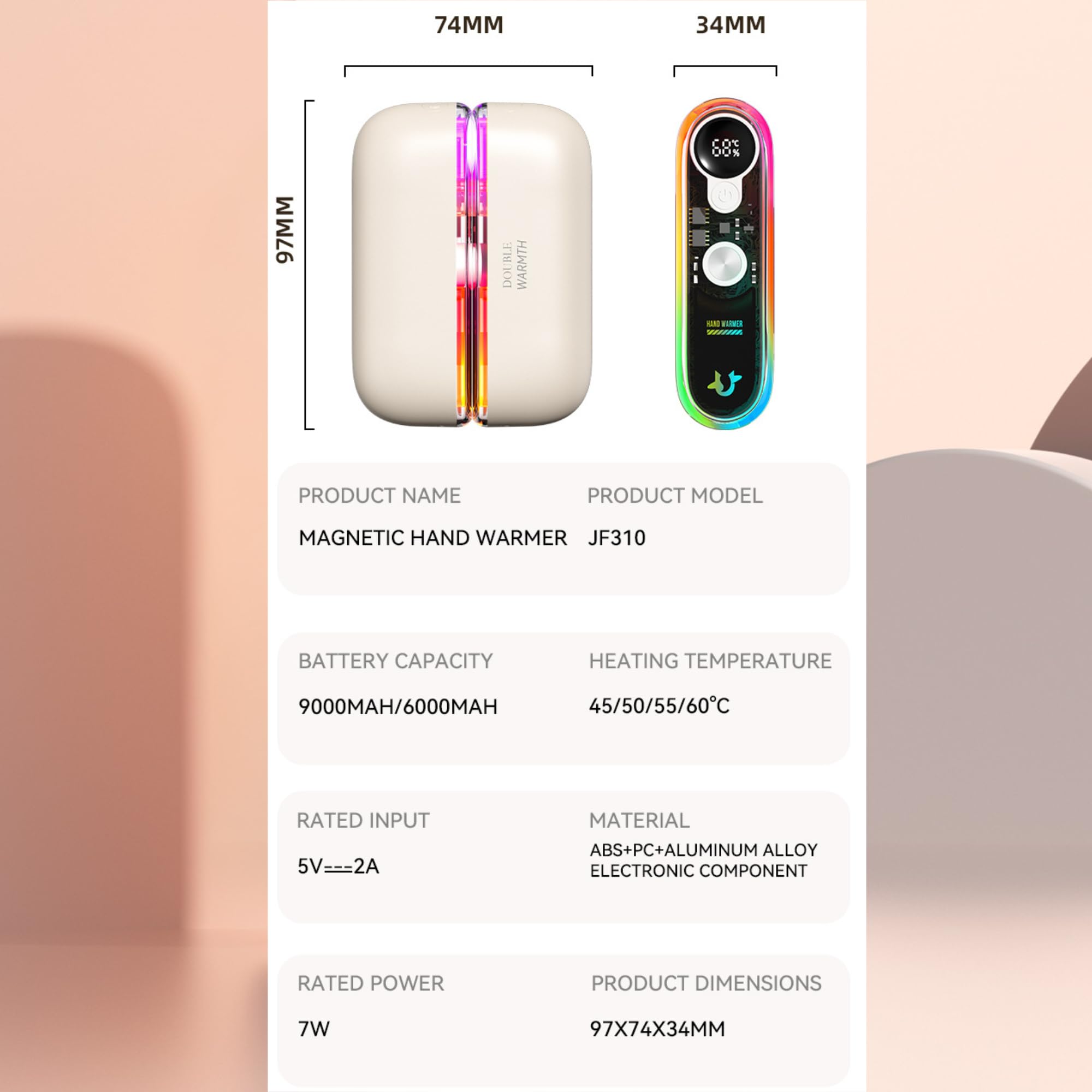 Chauffe-mains rechargeable avec fixation magnétique, 6000 mAh, chauffage double face, 3 réglages (45 °C à 60 °C), charge rapide, design transparent, cadeaux pour Noël, chasse, camping, vert