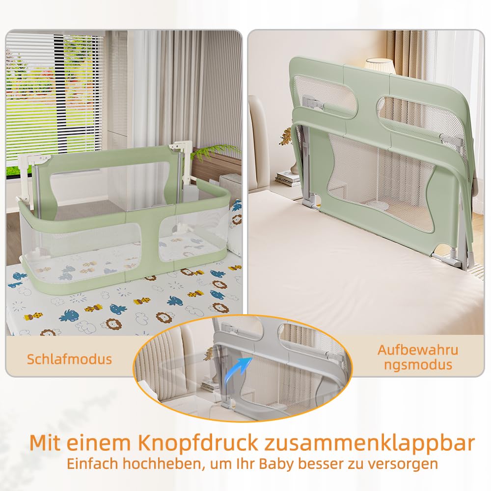 homewell Bettgitter, gemeinsames Schlafen, Bettschutzgitter Kinderbettgitter für Kinder Babybettgitter Klappbar, Bett Schutzgitter für Kinder (Grün)