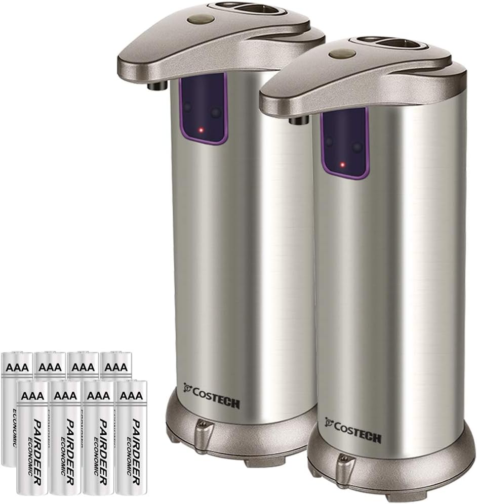 Automatic Soap Dispenser, Auto Sensor Touchless Soap Dispenser with Brushed Stainless-Steel, Fingerprint Resistant Coating, and Waterproof Base Perfect for use in Bathrooms (2 Pack)