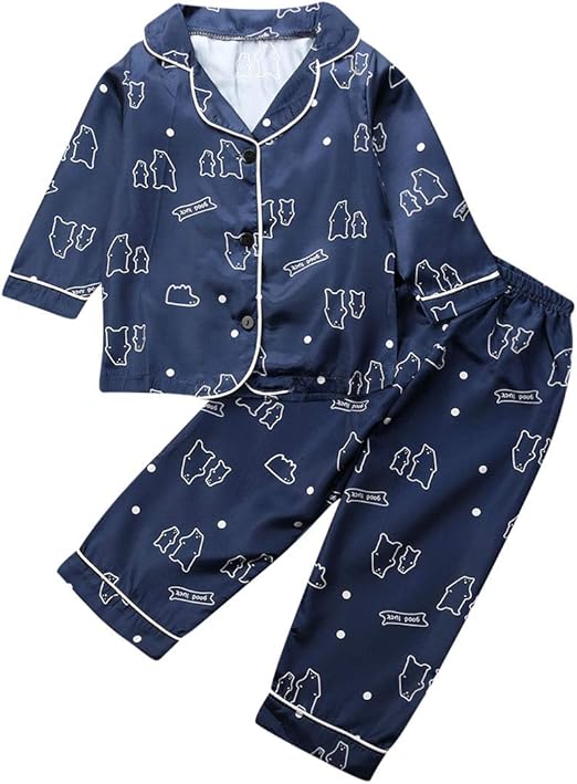 Toddler Baby Girls Satin Pajamas Set Casual Long Sleeve ButtonDown Silk Night Sleepwear (Blank