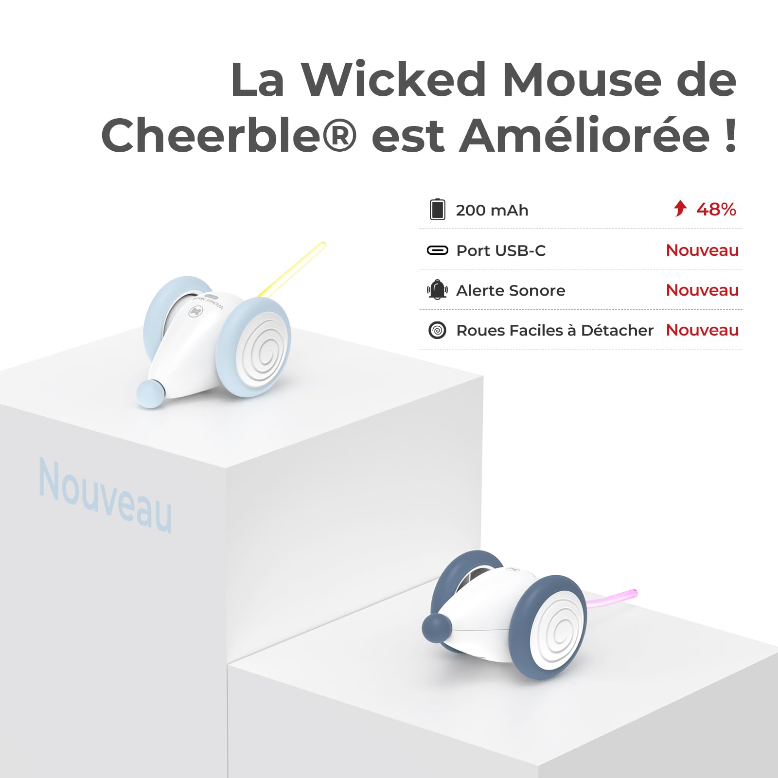 Cheerble Jouet Chat Interactif, Jouet Chat Interieur, Jouet Automatique pour Chat avec Lumières LED, Deux Vitesses, Rechargeable par USB, Souris Automatique Wicked Mouse, Cadeau pour Chaton (Bleu)